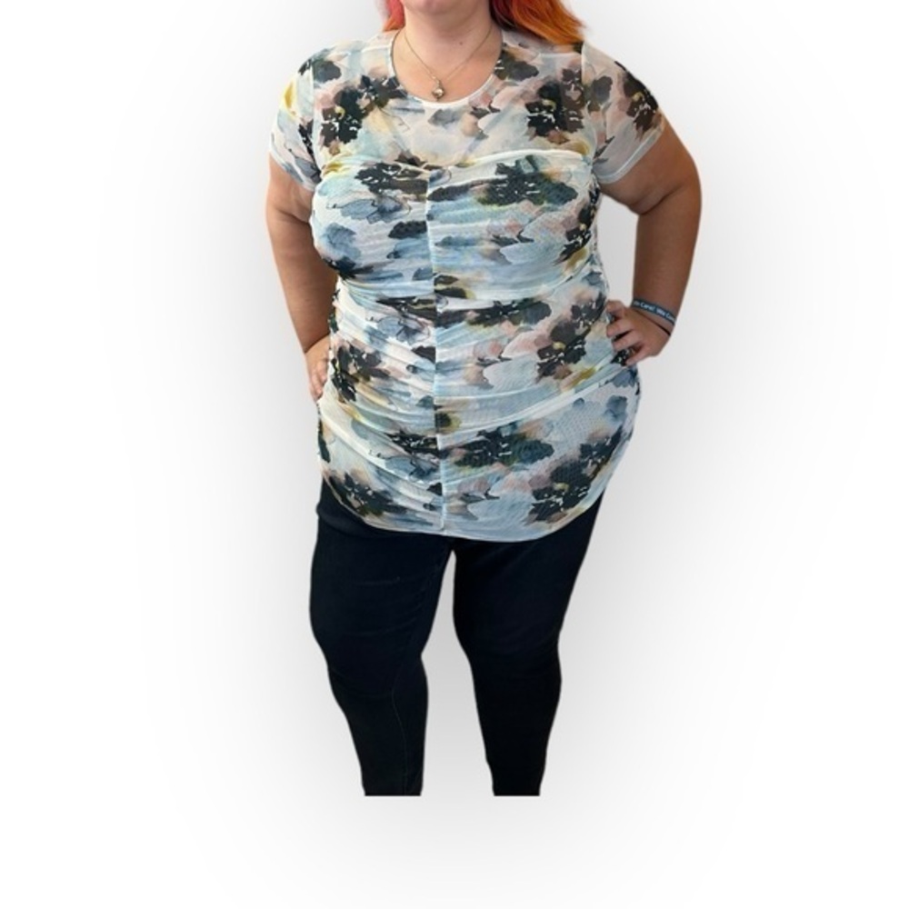 🆕 NWT Torrid 1 2 3 Watercolor Stretch Mesh Neck Ruched Top 14 16 18 20 22 24